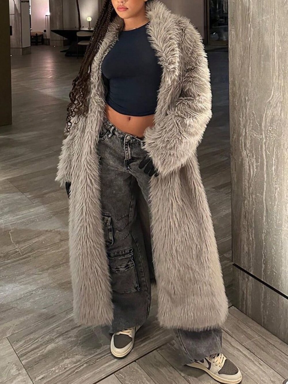 Grey Casual Women's Faux Fur Long Coat